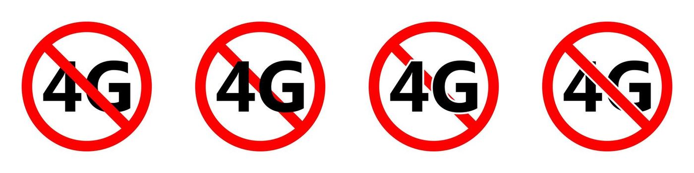 4G mobile networks ban icon. 4G signal is prohibited. Stop or ban red round sign with 4G internet icon. Vector illustration. Forbidden signs set.