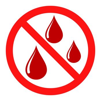 No blood drop icon. Blood donation is prohibited. Stop or ban red round sign with blood drop icon. Vector illustration. Forbidden sign.
