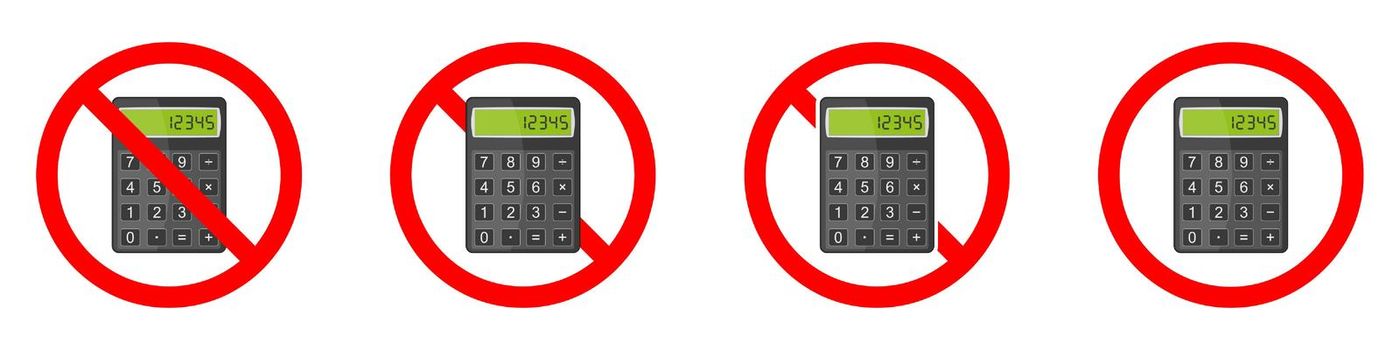 Calculator ban icon. Calculator is prohibited. Stop or ban red round sign with calculator icon. Vector illustration. Forbidden signs set.