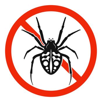 The spider with red ban sign. STOP spider sign isolated. Forbid spider icon. Vector illustration.