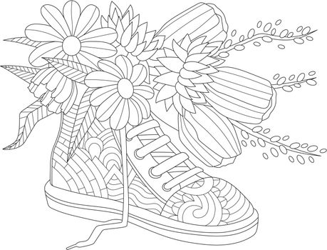 Coloring Book Page With Detailed Sneaker With Different Flowers Inside.