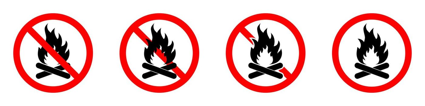 Stop bonfire icons. No fire icons set. Red ban of flame signs. Vector illustration. Make a fire is prohibited