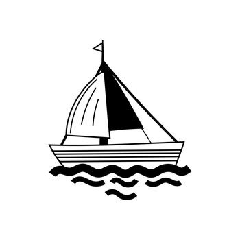 Small sailboat. Simple black and white doodle illustration, isolated.