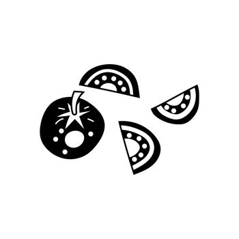 Whole tomato and wedges. Simple black and white doodle illustration, isolated.