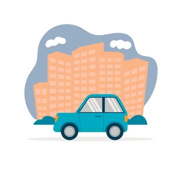simple two-door blue coupe car side view rides against the background of urban skyscrapers in a bubble isolated on a white background flat graphic. car arrival illustration