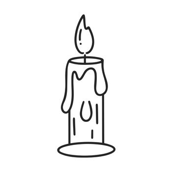 Candle black isolated doodle illustration. Single candle with flame and dripping wax vector. Contour simple image of candle