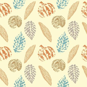 Autumn pattern imprint pumpkin leaf pods, stamp. Vector illustration