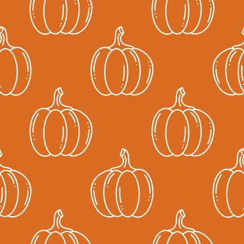 Pumpkins silhouette on orange background. Hand drawn white pumpkins vector seamless pattern. Autumn print with vegetables. Bright fall repeat model for textiles, packaging and design