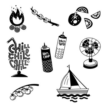 Set of summer symbols. Simple black and white doodle illustration, isolated.