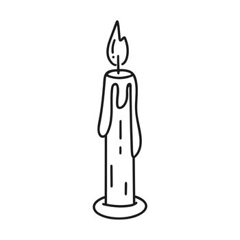 Burning candle black isolated doodle illustration. One candle with flame flowing down wax vector. Contour simple image of candle