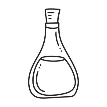 Liquid bottle black doodle illustration. Simple sketch of glass vessel with stopper. Old bottle isolated vector