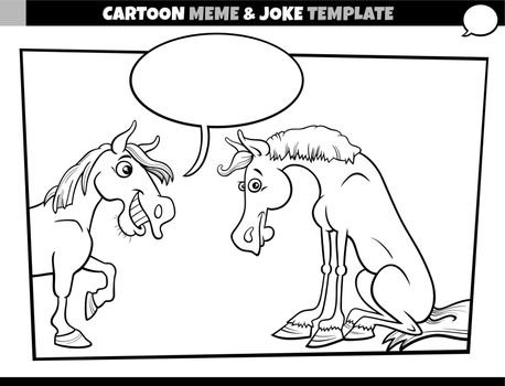 black and white cartoon illustration of meme template with empty comic speech balloon and two funny horses