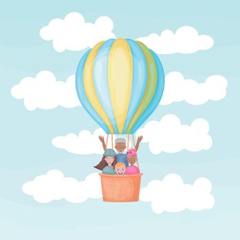 Air balloon. Hot air balloon with people. Black and white people fly in a balloon. People with different skin colors are flying across the sky. Vector illustration isolated on a white background.