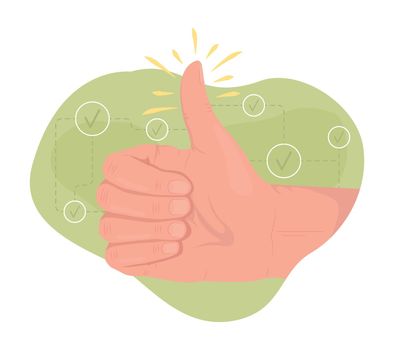 Thumbs up 2D vector isolated illustration. Positive opinion flat hand gesture on cartoon background. Appreciation and acceptance colourful editable scene for mobile, website, presentation