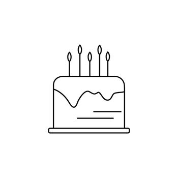 Cake with candles line icon vector illustration. Simple black outline image of birthday cake. Logo sweet pastries. Flat web culinary element