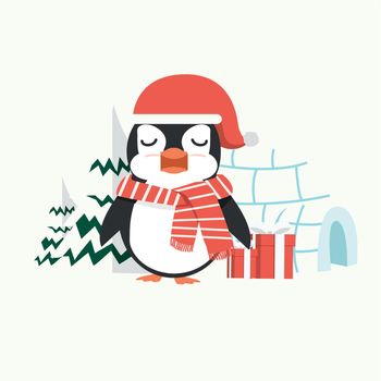 christmas penguin in a winter with trees  cartoon