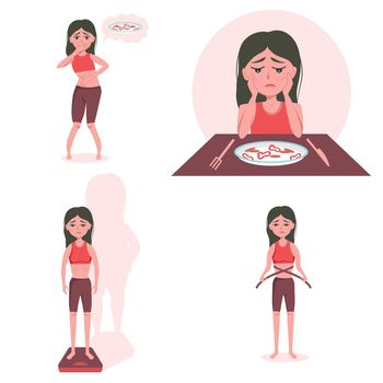 The concept of mental disorder and food addiction - a girl with anorexia, bulimia is afraid to eat, weigh herself, measure body parameters, nauseated at the thought of food.
