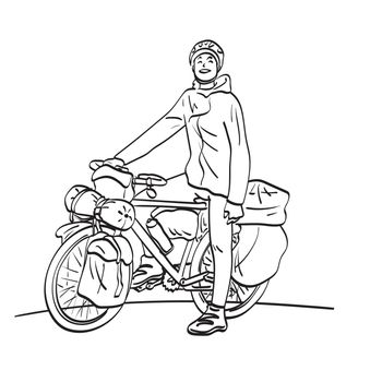 line art smiling man sitting on bike with luggage for travel illustration vector hand drawn isolated on white background