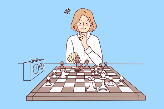 Smart girl playing chess. Clever young woman sit at desk enjoy logical board game. Knowledge and hobby. Vector illustration.