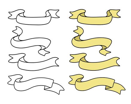 Set of ribbon banners doodle style isolated vector illustration. Hand drawn design element for text. Blank black and gold ribbon templates