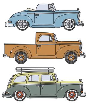 The vectorized hand drawing of three retro motor vehicles