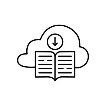 Cloud e-book line icon. Instruction manual download. E-learning technology. Online library access concept. Electronic books store. Downloading educational content. Vector illustration, flat, clip art.