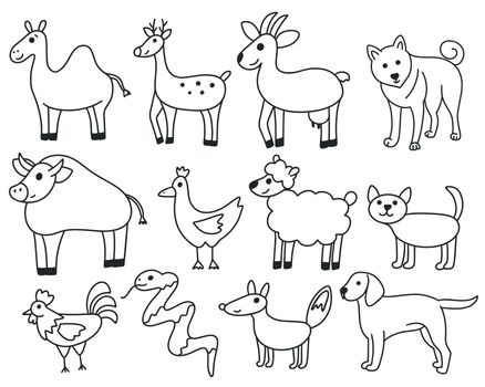 Doodle simple animals set. Black line contour cute forest and home dwellers. Collection of isolated childrens characters coloring book. Vector flat illustration