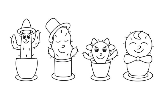 Doodle set cacti characters isolated vector illustration. Cactus girl, cactus guy in hat, cactus is sleeping. Funny black contour baby characters. Flat coloring book collection