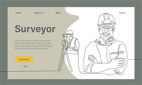 Surveyor web banner or landing page. Land surveying technology, geodesy science. Construction business, mapmaking and real estate project. Flat vector illustration. Vector illustration