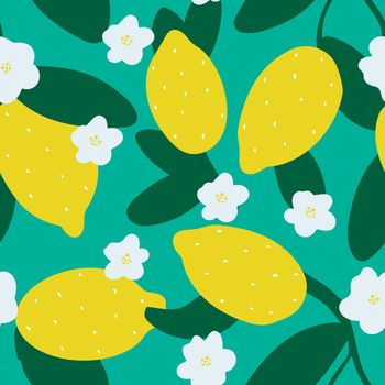 Hand drawn blooming lemons seamless summer pattern. Background with yellow citruses and flowers. Colorful fruity print for textile, packaging, paper, wallpaper and design. Repeat lemon tree with leaves template