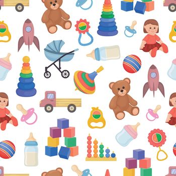 Children toys pattern. Seamless pattern with the image of toys such as a bear, a bundle, a car, cubes and also a pacifier rattle and a pyramid. Children s pattern vector illustration.