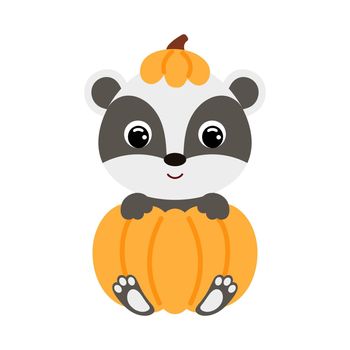 Cute little badger sitting in a pumpkin. Cartoon animal character for kids t-shirts, nursery decoration, baby shower, greeting card, invitation. Vector stock illustration.