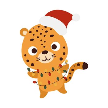 Cute Christmas jaguar with garland on white background. Cartoon animal character for kids cards, baby shower, invitation, poster, t-shirt composition, house interior. Vector stock illustration.