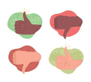 Assessment 2D vector isolated illustration set. Thumb signal flat hand gestures on cartoon background. Positive, negative feedback colourful editable scene for mobile, website, presentation collection