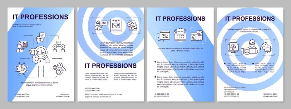 IT professions blue gradient brochure template. Programming. Leaflet design with linear icons. 4 vector layouts for presentation, annual reports. Arial-Black, Myriad Pro-Regular fonts used