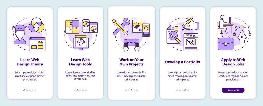 Becoming web designer onboarding mobile app screen. Walkthrough 5 steps editable graphic instructions with linear concepts. UI, UX, GUI template. Myriad Pro-Bold, Regular fonts used