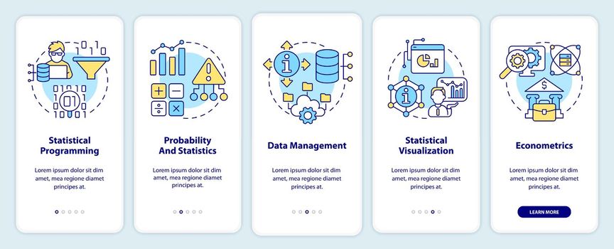 Data analyst skills onboarding mobile app screen. Profession walkthrough 5 steps editable graphic instructions with linear concepts. UI, UX, GUI template. Myriad Pro-Bold, Regular fonts used