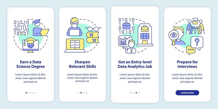 Becoming data scientist onboarding mobile app screen. Walkthrough 4 steps editable graphic instructions with linear concepts. UI, UX, GUI template. Myriad Pro-Bold, Regular fonts used
