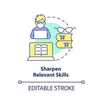 Sharpen relevant skills concept icon. Better expertise. Becoming data scientist abstract idea thin line illustration. Isolated outline drawing. Editable stroke. Arial, Myriad Pro-Bold fonts used