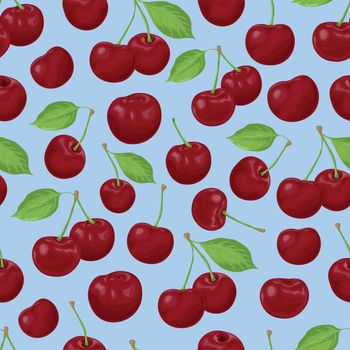 Cherry. Seamless pattern with the image of a cherry with green leaves. Cherry pattern. Seamless pattern with fruit on a blue background. Vector.