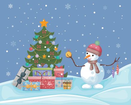 A snowman near the Christmas tree. Cute Christmas illustration with the image of a snowman standing near the Christmas tree with gifts and holding Christmas toys in his hands. Vector illustration.