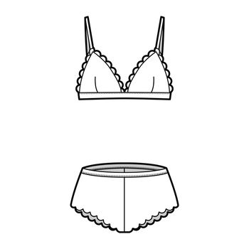 Set of lingerie - bra triangle and classic briefs panties technical fashion illustration with scalloped edge. Flat brassiere template front, white color style. Women men unisex underwear mockup