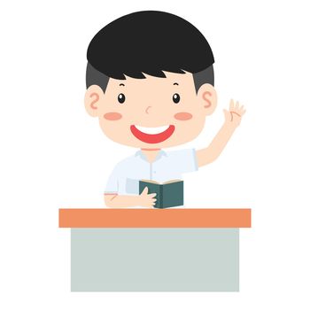 student the girl  Raising Hand with book in classroom