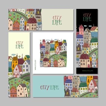 Vintage old city, cute houses. Concept art for your business. Creative ideas for cards, banner, web, promotional materials. Corporate identity template