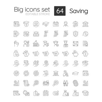 Saving linear icons set. Financial funds. Money management. Smart investment. Customizable thin line symbols. Isolated vector outline illustrations. Editable stroke. Quicksand-Light font used