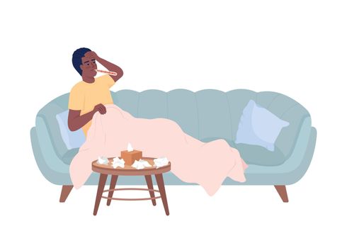 Man with high temperature resting on sofa semi flat color vector character. Editable figure. Full body person on white. Fever simple cartoon style illustration for web graphic design and animation