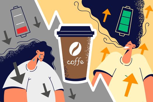 Tired unhappy and smiling energetic woman before and after coffee. Effect of caffeine on human body. Vector illustration.