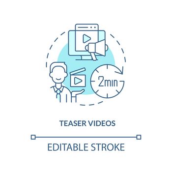 Teaser videos turquoise concept icon. Visual short introduction. Online tutorial type abstract idea thin line illustration. Isolated outline drawing. Editable stroke. Arial, Myriad Pro-Bold fonts used