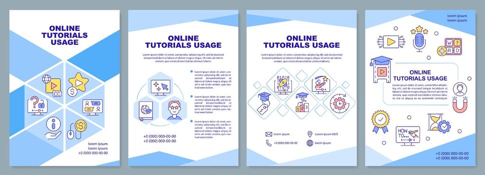 Online tutorials usage brochure template. E learning. Leaflet design with linear icons. Editable 4 vector layouts for presentation, annual reports. Arial-Black, Myriad Pro-Regular fonts used