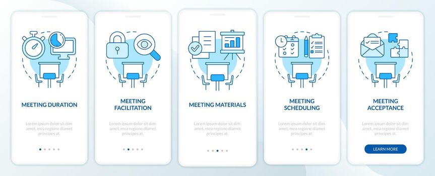 Meeting norms blue onboarding mobile app screen. Business conference walkthrough 5 steps editable graphic instructions with linear concepts. UI, UX, GUI template. Myriad Pro-Bold, Regular fonts used